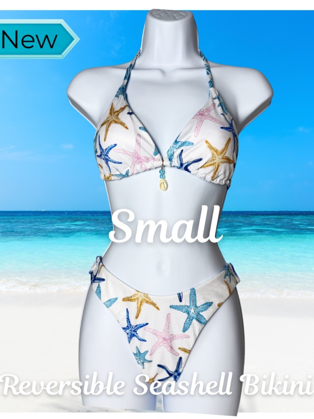 Reversible Starfish Bikini Set Small Shell Charm Triangle Tie Beachy Cute